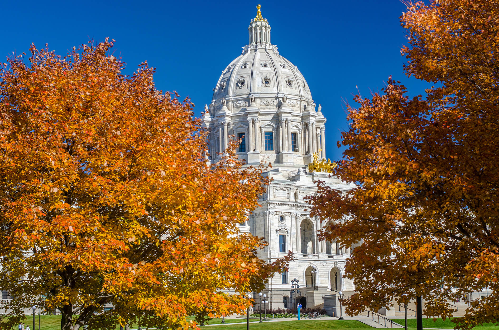 Minnesota Capitol building surrounded by fall colors