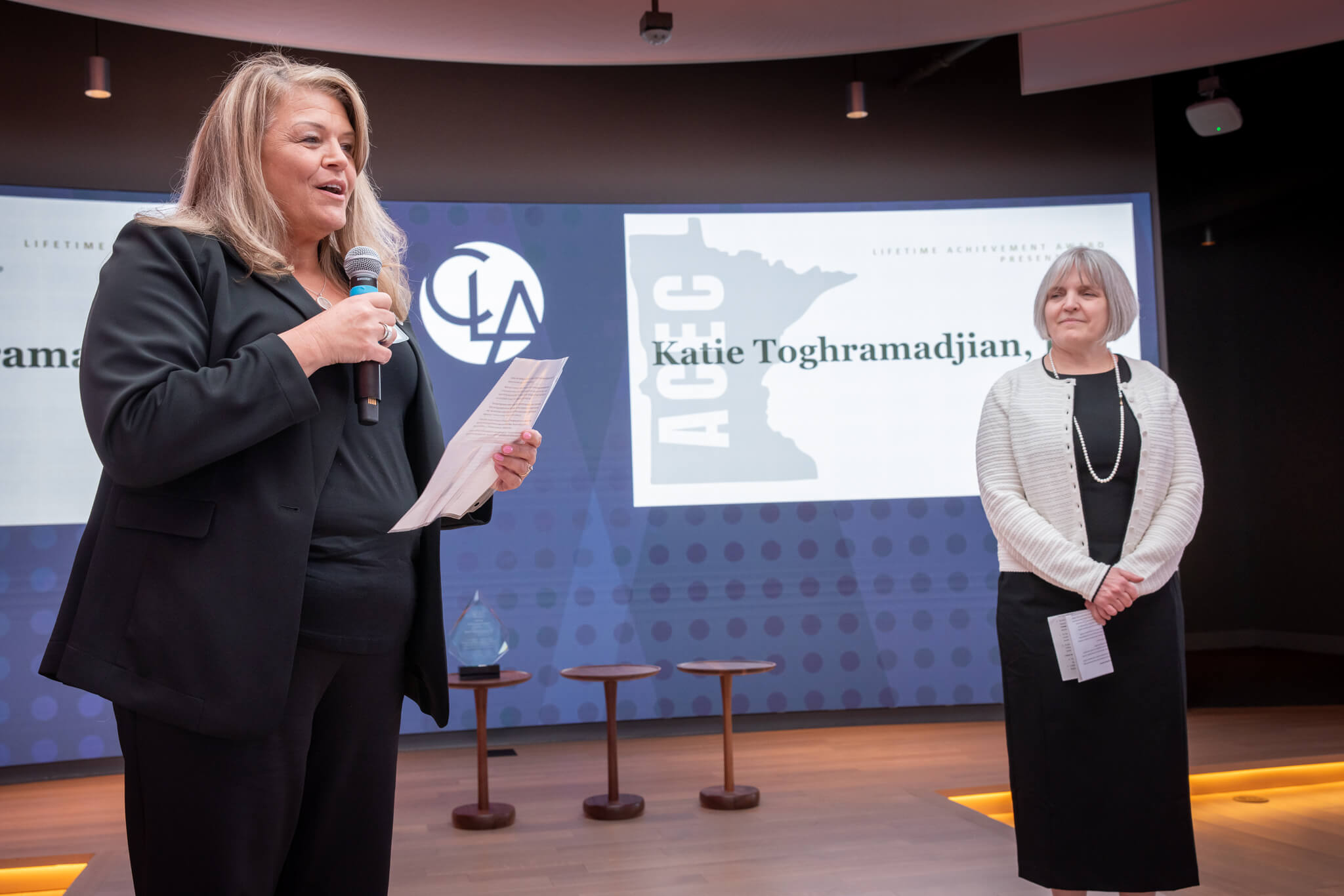 Jennifer Hildebrand presenting the Lifetime Achievement Award to Katie Toghramadjian