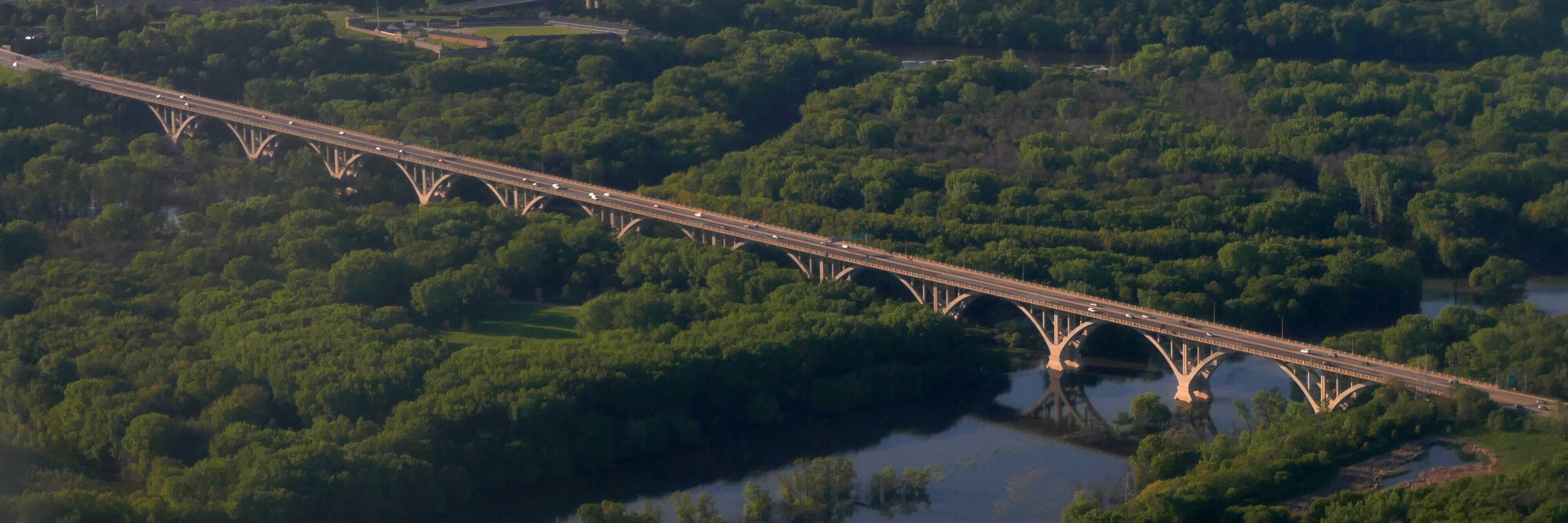Aerial view of the Mendota Bridge, designed by Walter H. Wheeler, spanning the Minnesota River valley