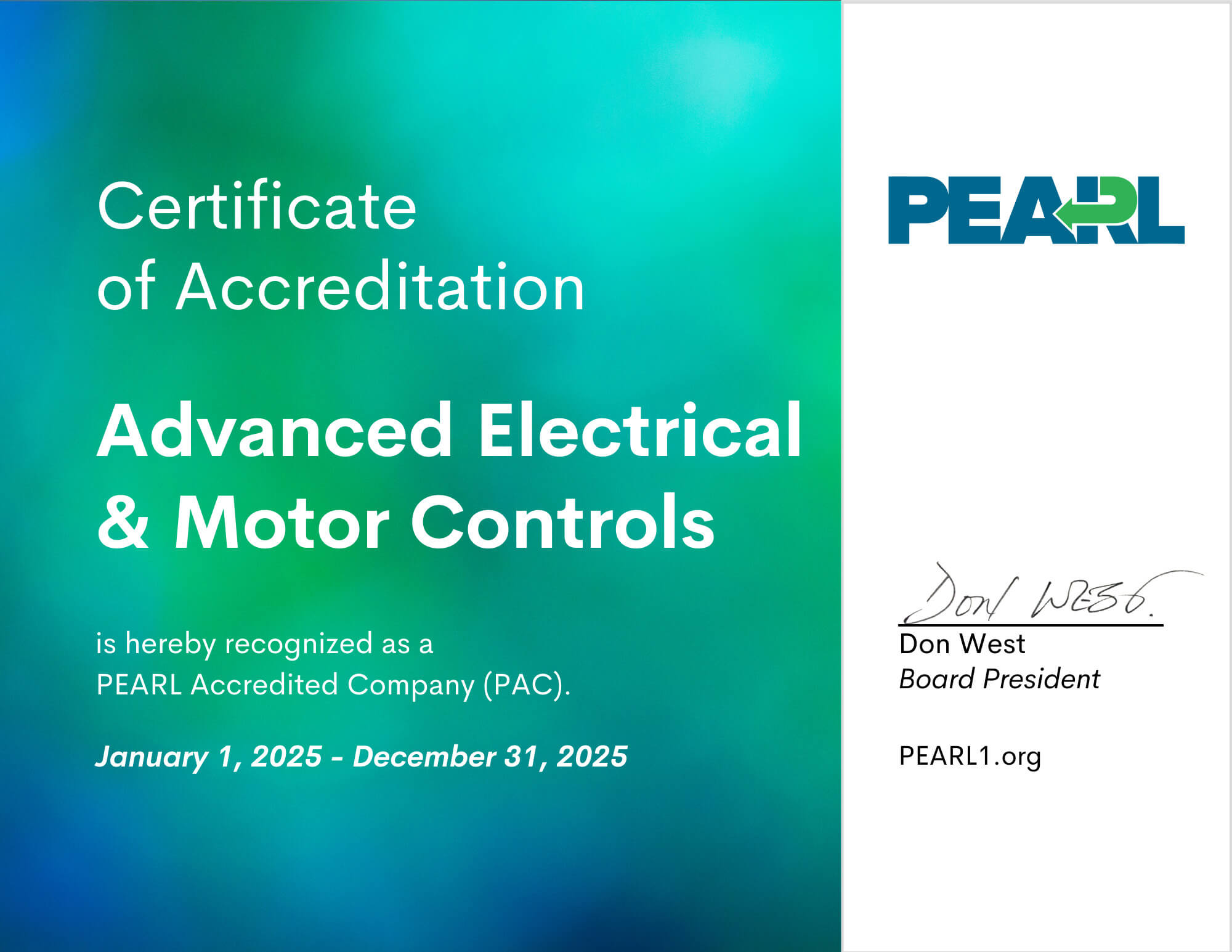 Advanced Electrical &amp; Motor Controls Certificate of Accreditation