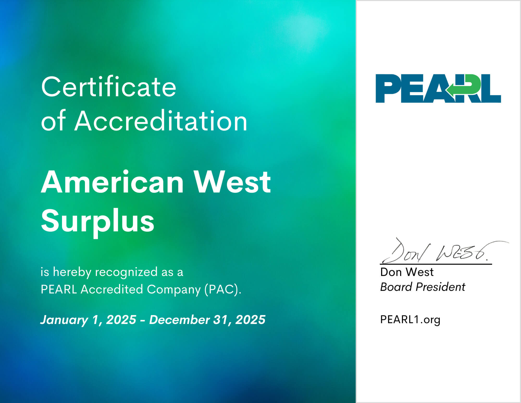 American West Surplus Certificate of Accreditation