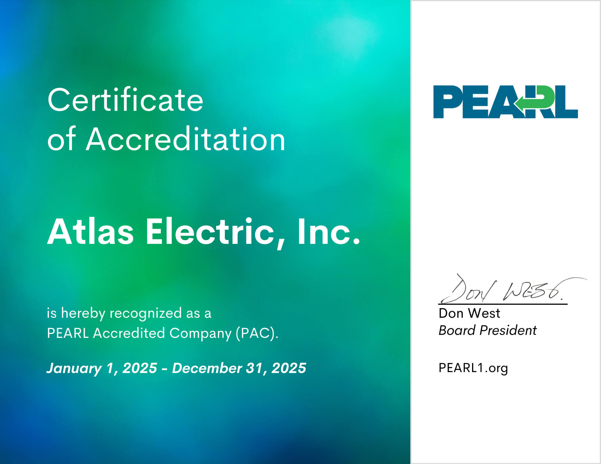 Atlas Electric, Inc. Certificate of Accreditation