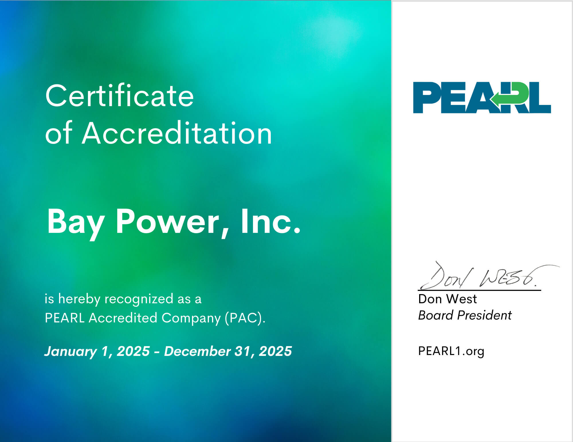 Bay Power, Inc. Certificate of Accreditation