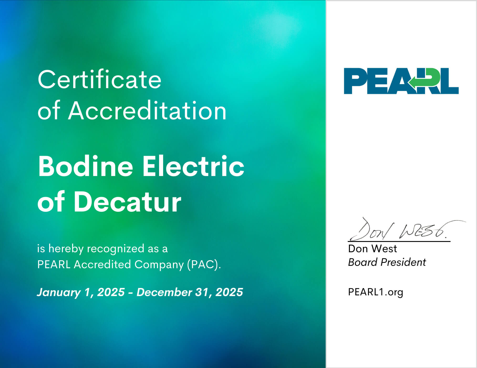 Bodine Electric of Decatur Certificate of Accreditation