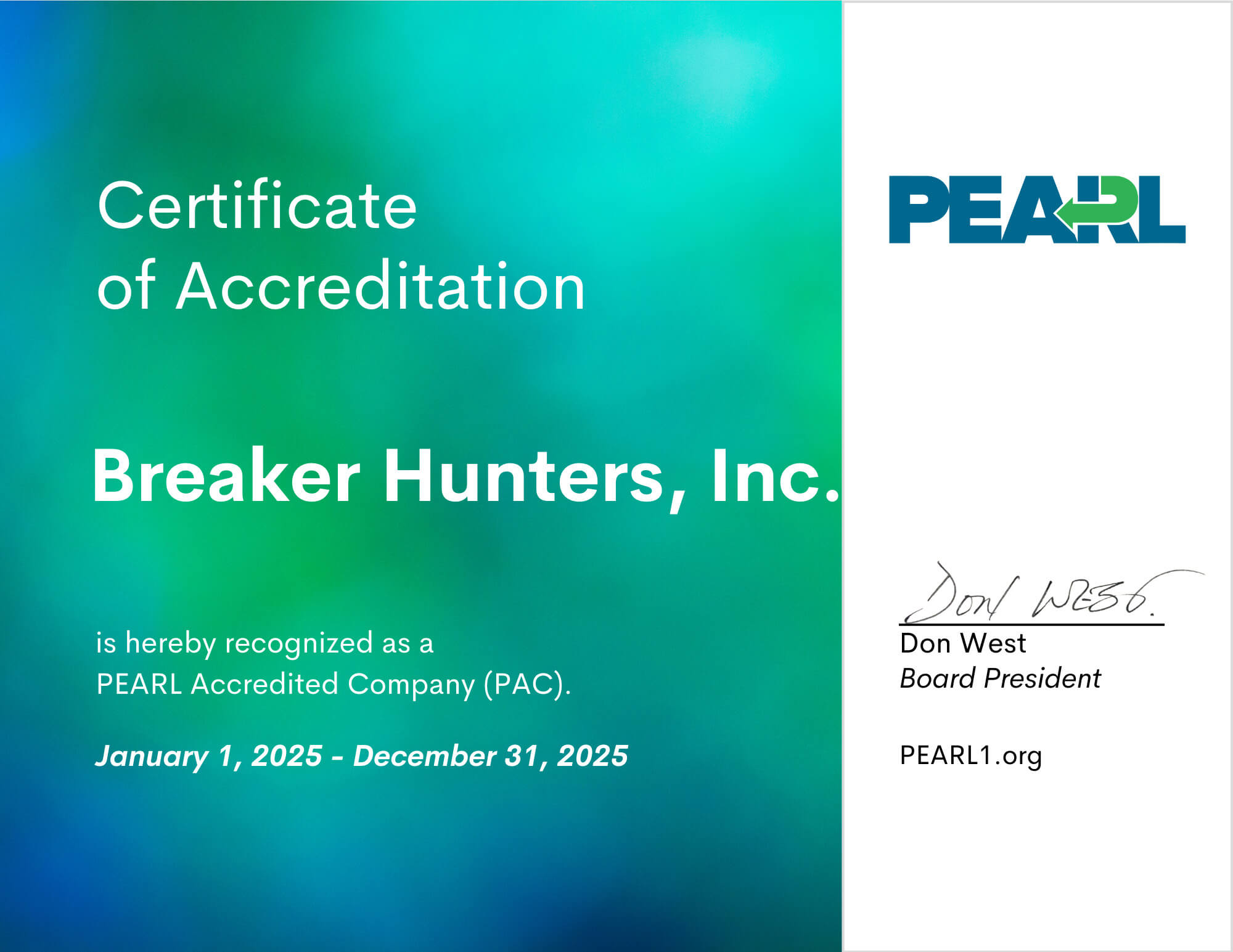 Breaker Hunters, Inc. Certificate of Accreditation