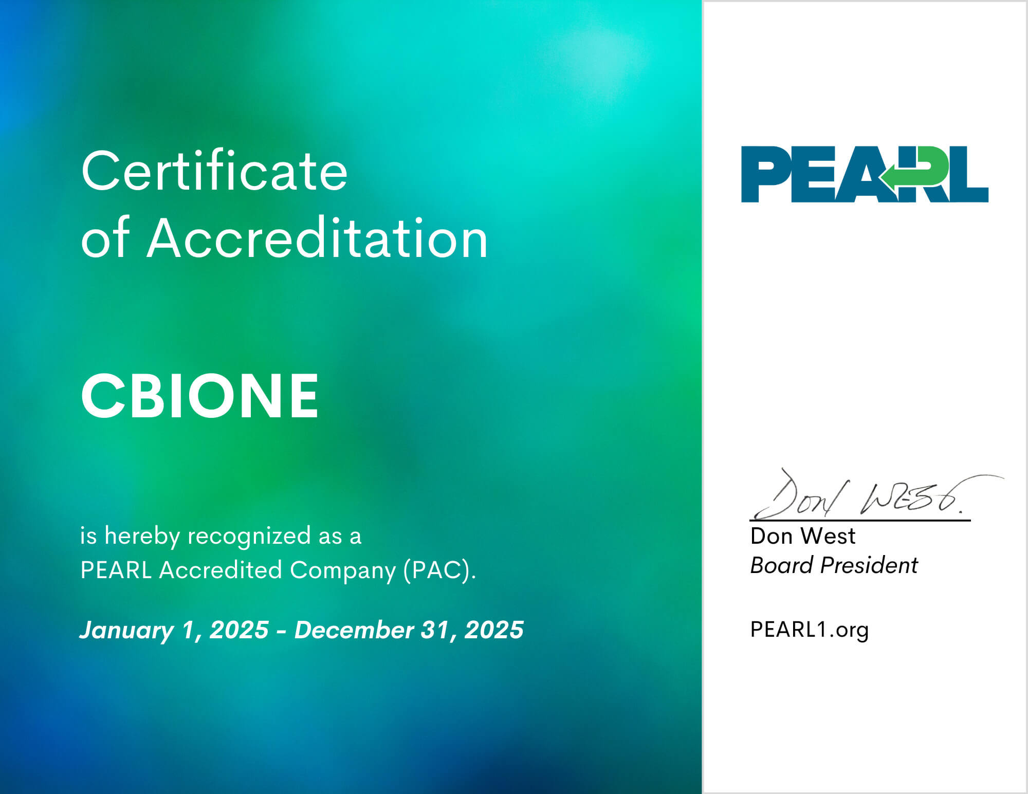 CBIONE Certificate of Accreditation