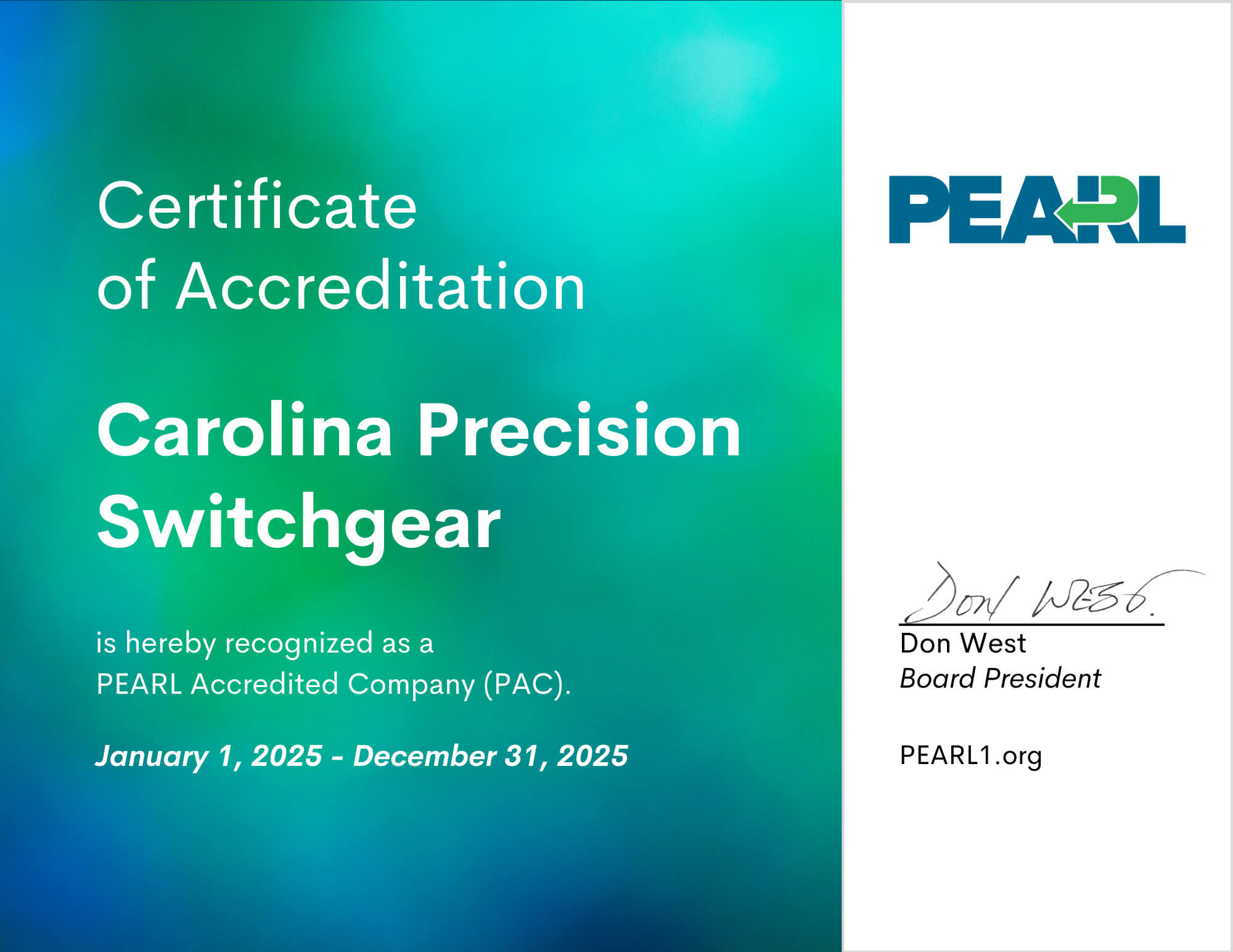 Carolina Precision Switchgear Certificate of Accreditation