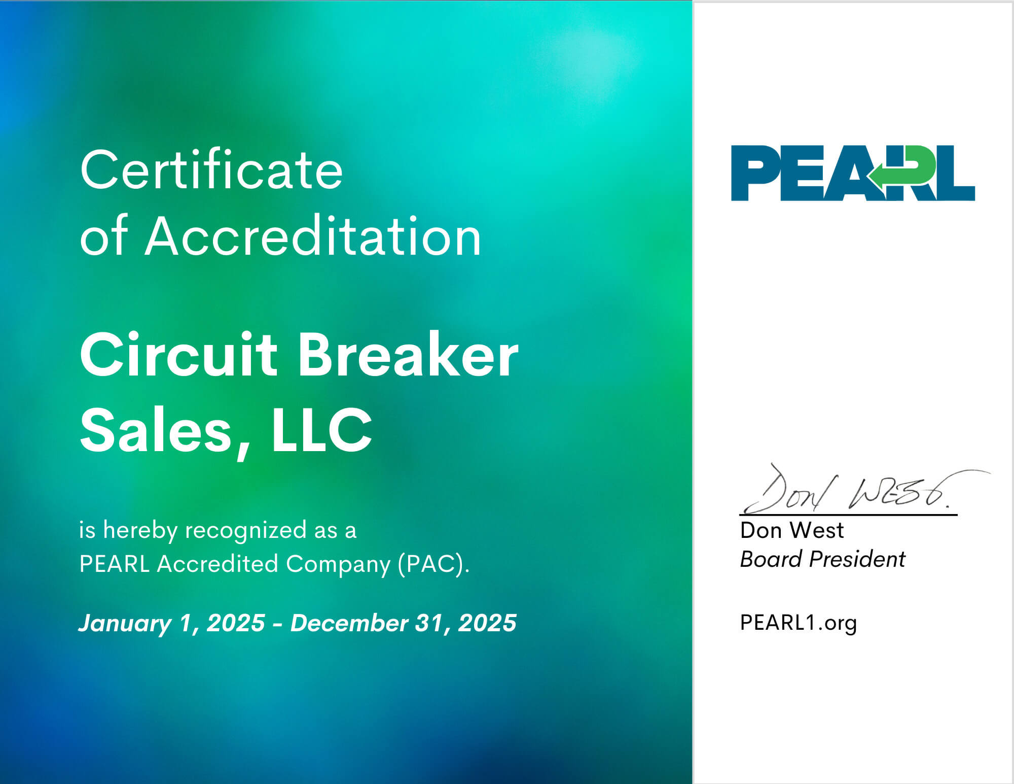 Circuit Breaker Sales, LLC Certificate of Accreditation