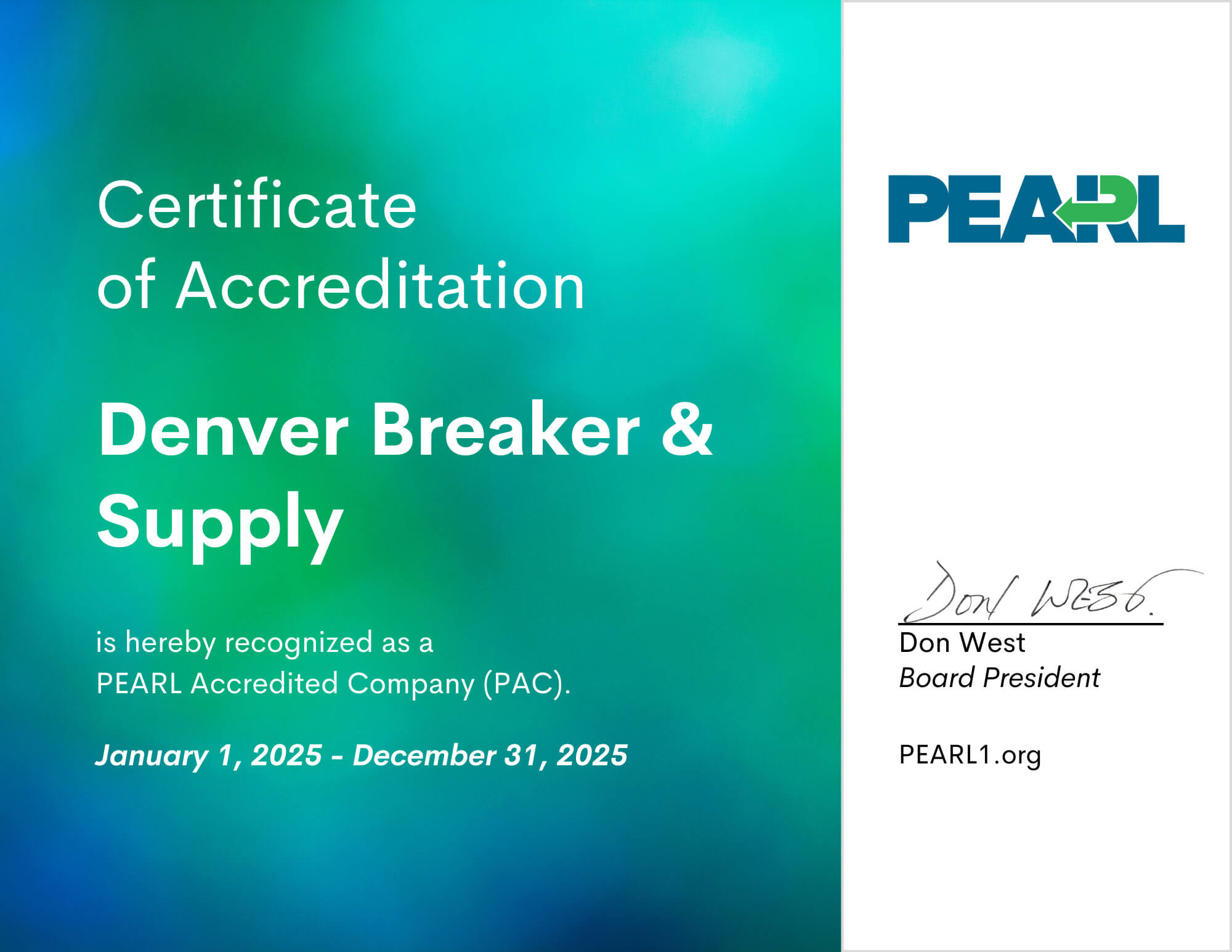 Denver Breaker &amp; Supply Certificate of Accreditation