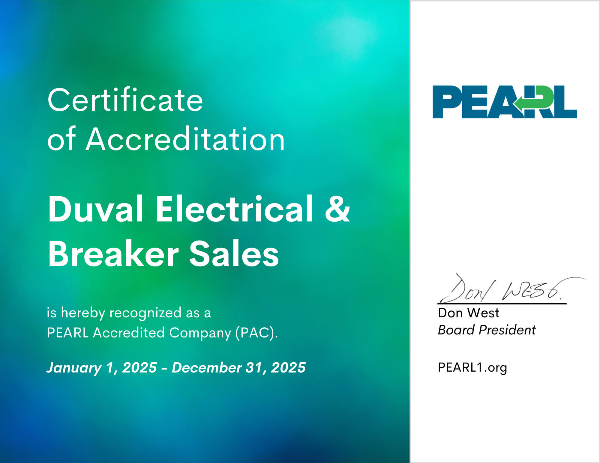 Duval Electrical &amp; Breaker Sales Certificate of Accreditation