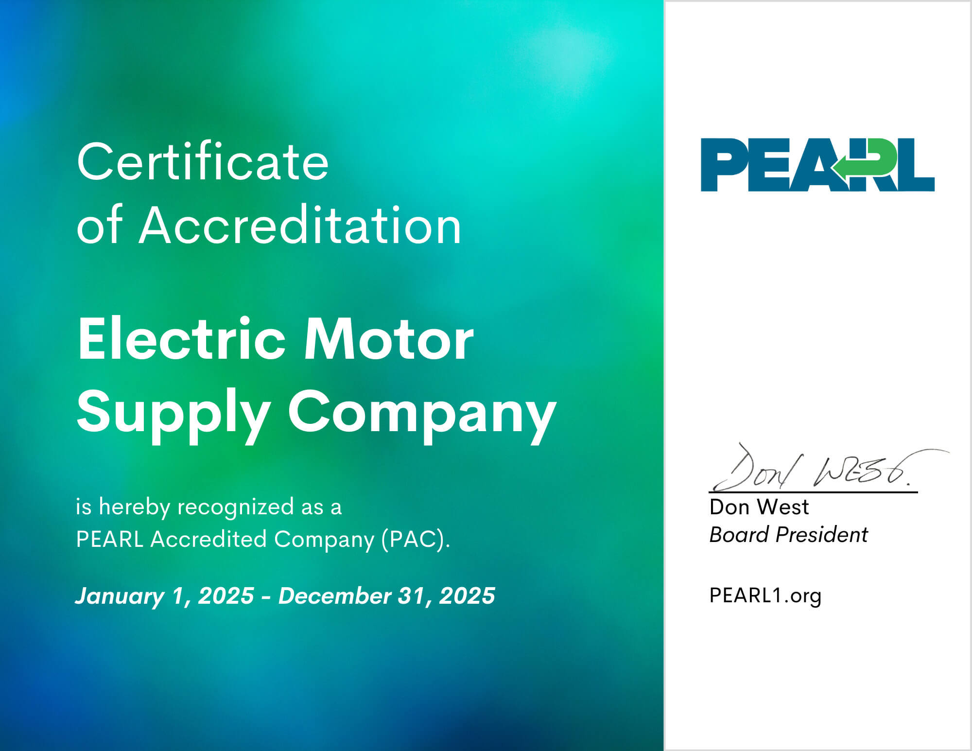 Electric Motor Supply Company Certificate of Accreditation