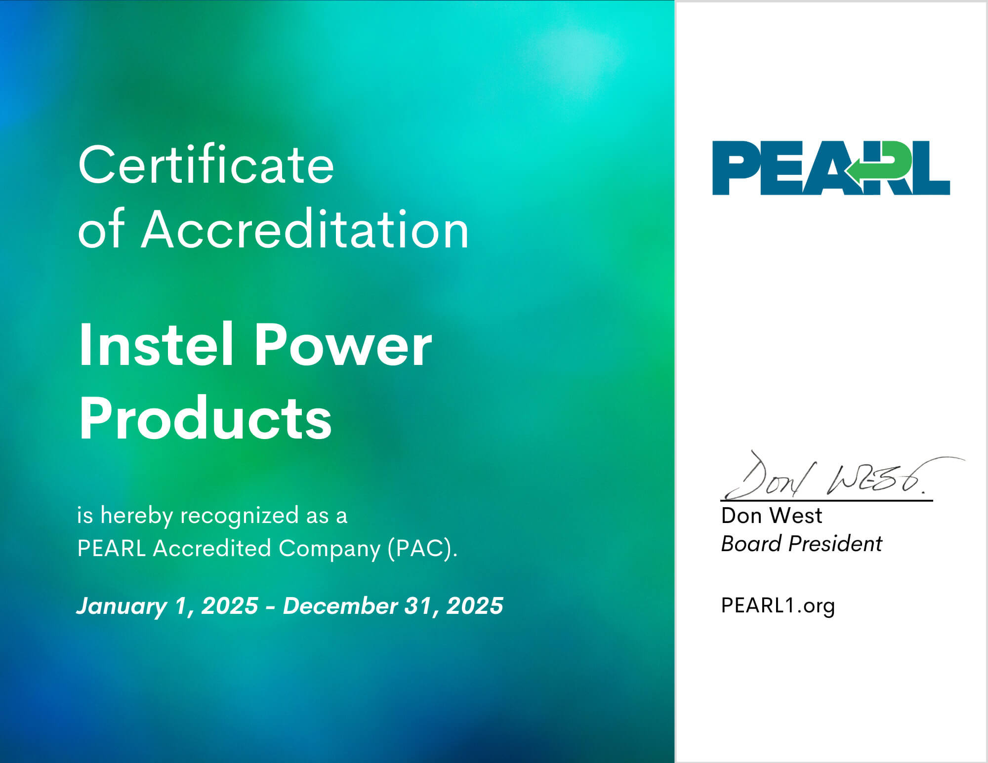 Instel Power Products Certificate of Accreditation