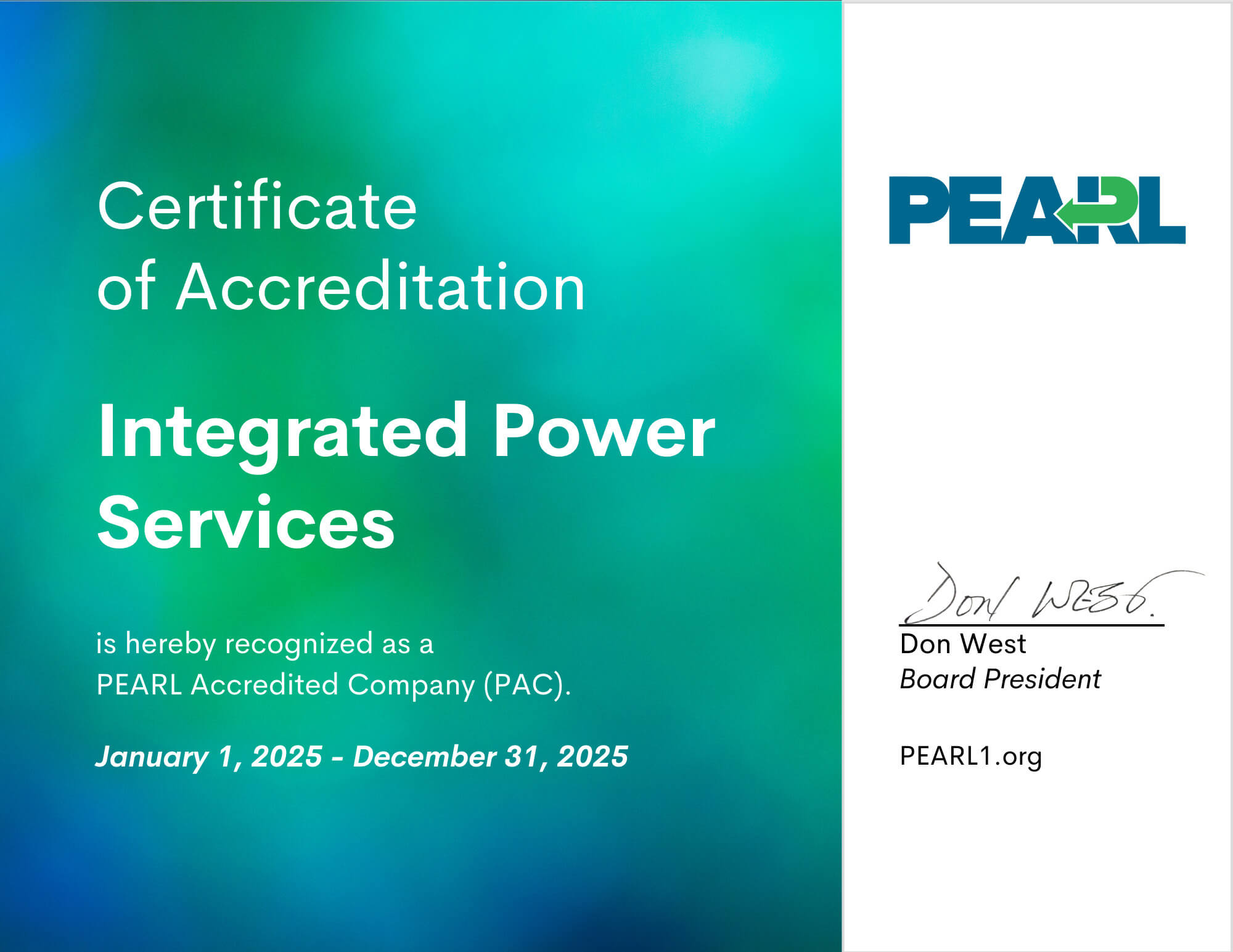 Integrated Power Services Certificate of Accreditation