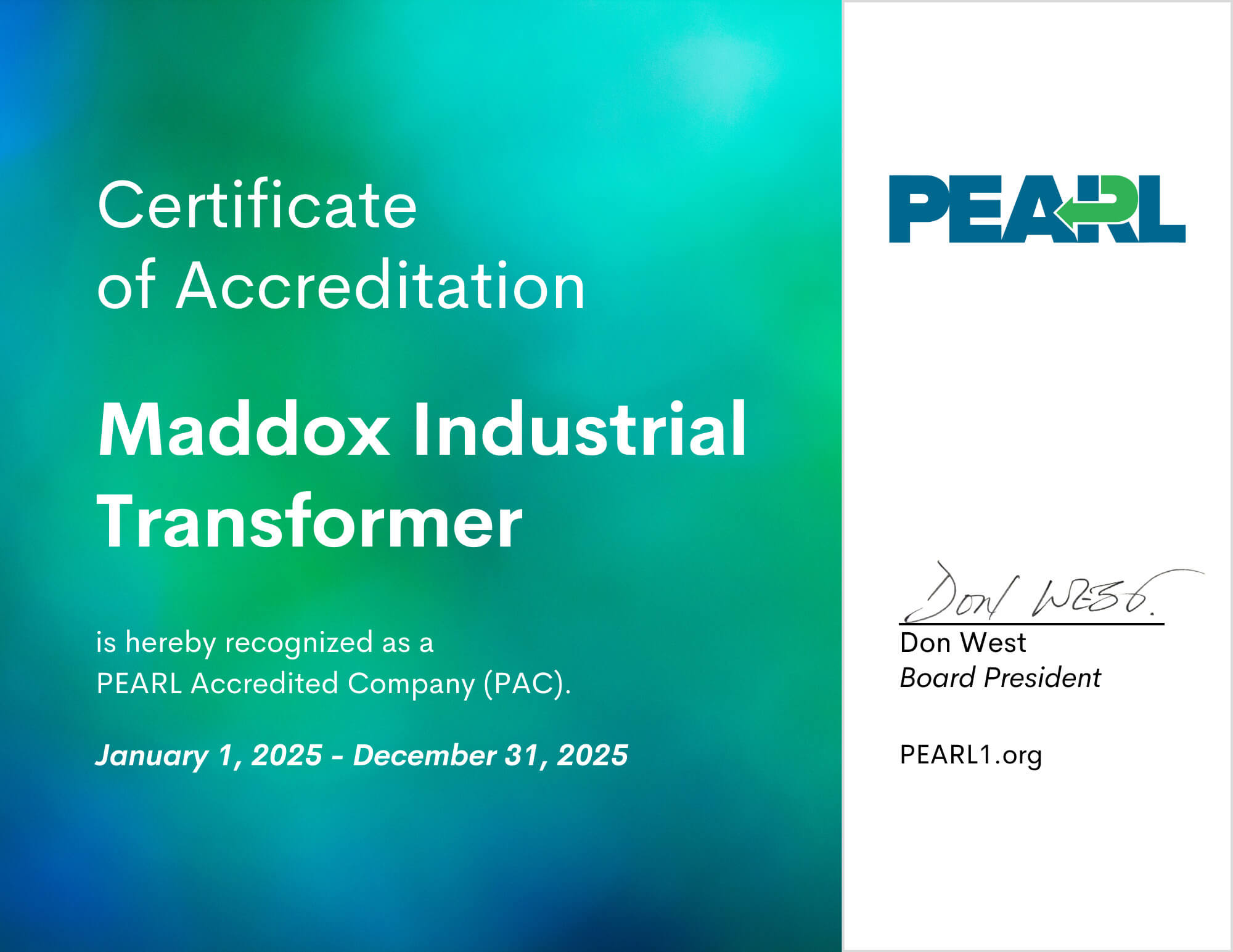 Maddox Industrial Transformer Certificate of Accreditation