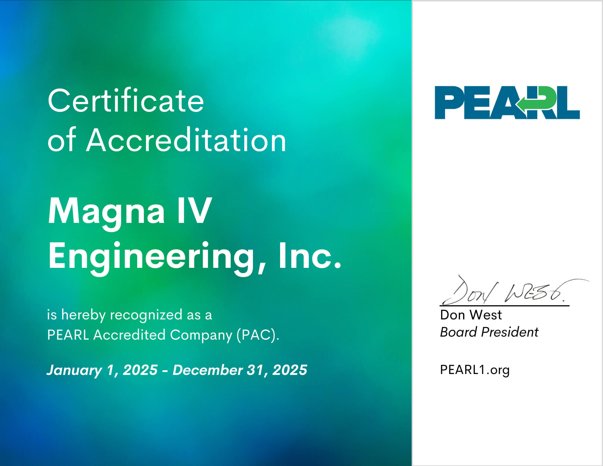 Magna IV Engineering, Inc. Certificate of Accreditation