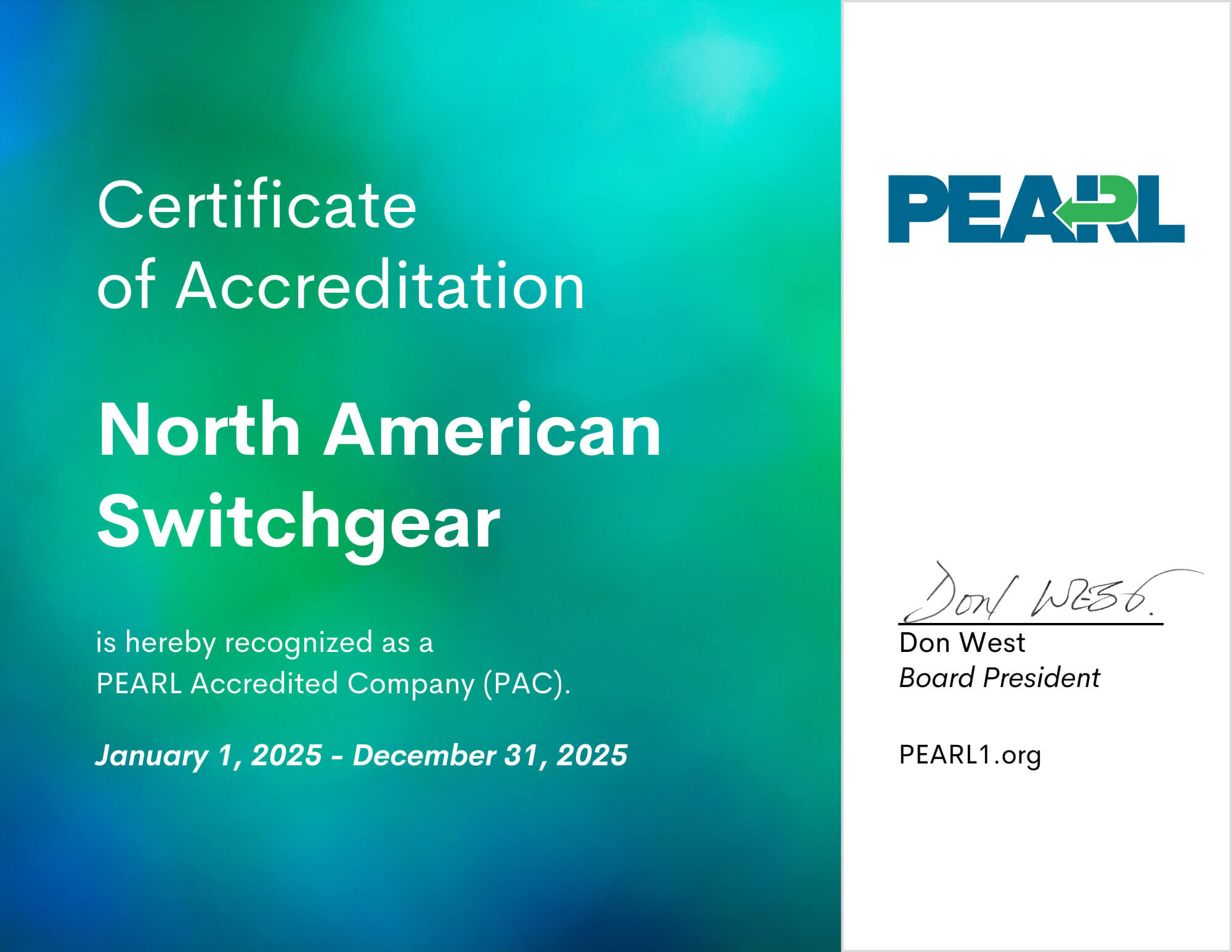 North American Switchgear Certificate of Accreditation