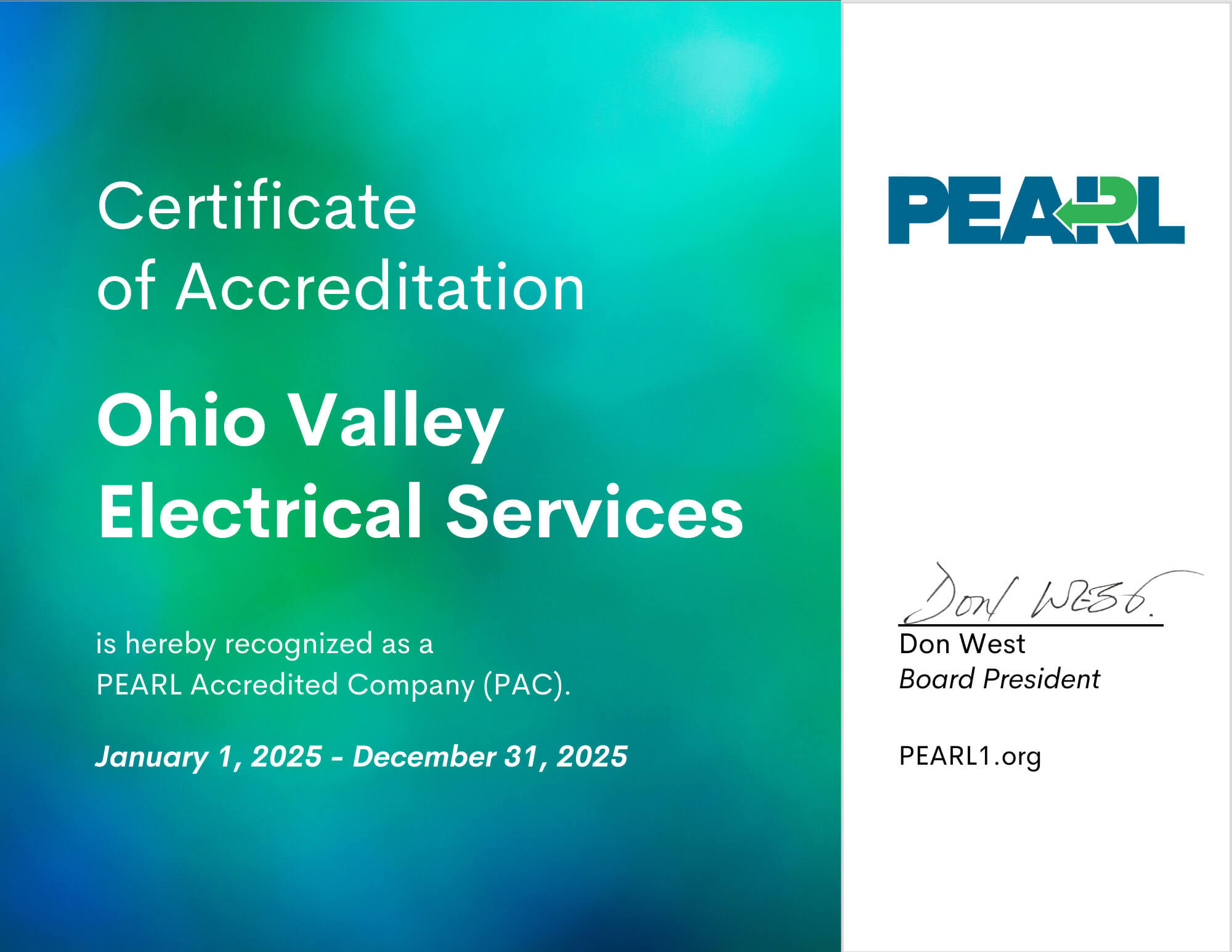 Ohio Valley Electrical Services Certificate of Accreditation