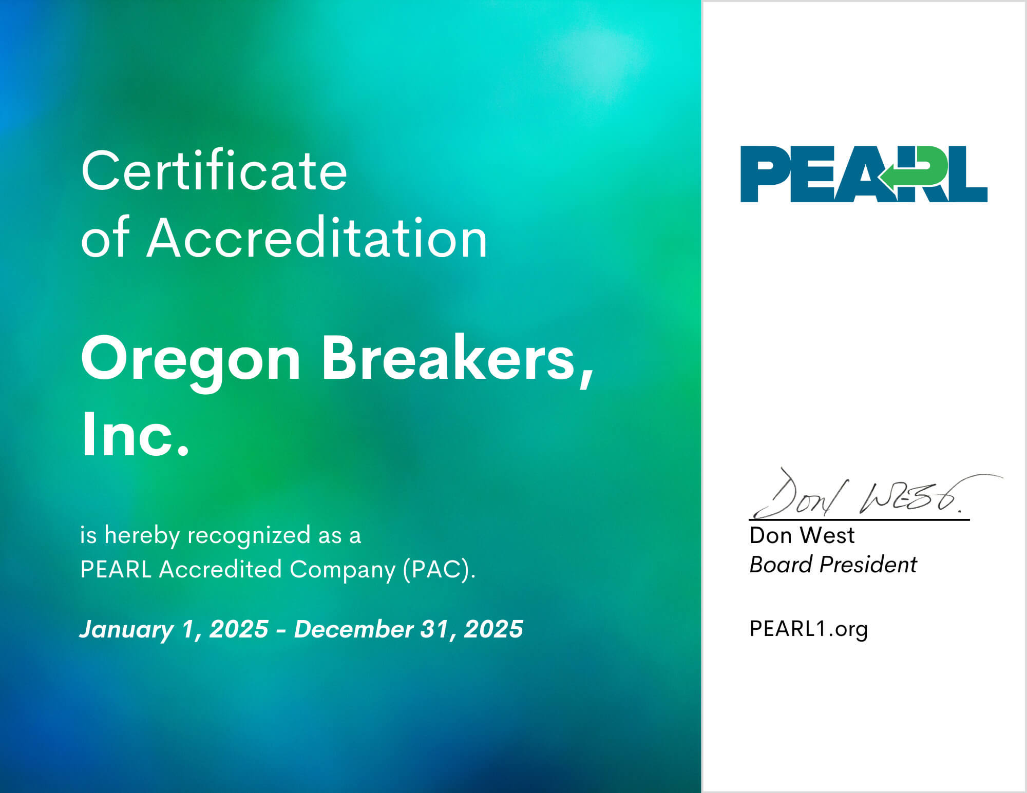 Oregon Breakers, Inc. Certificate of Accreditation