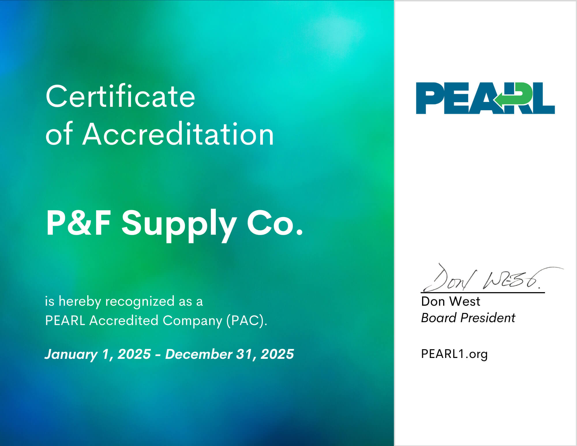 P&amp;F Supply Co. Certificate of Accreditation