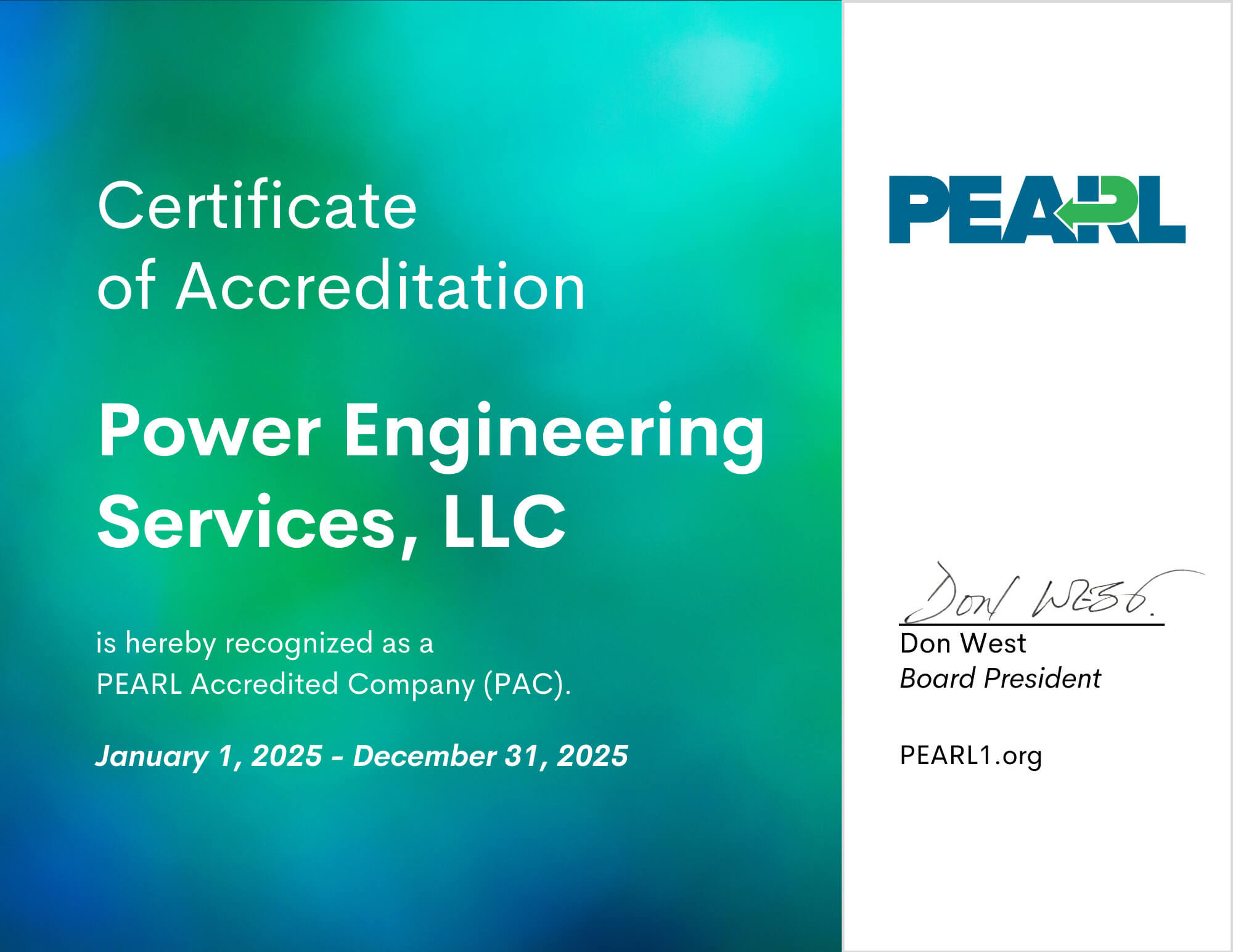 Power Engineering Services, LLC Certificate of Accreditation