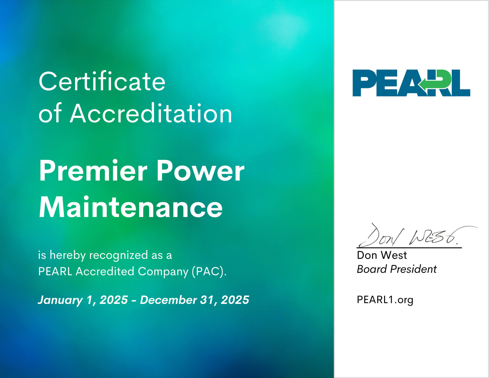 Premier Power Maintenance Certificate of Accreditation