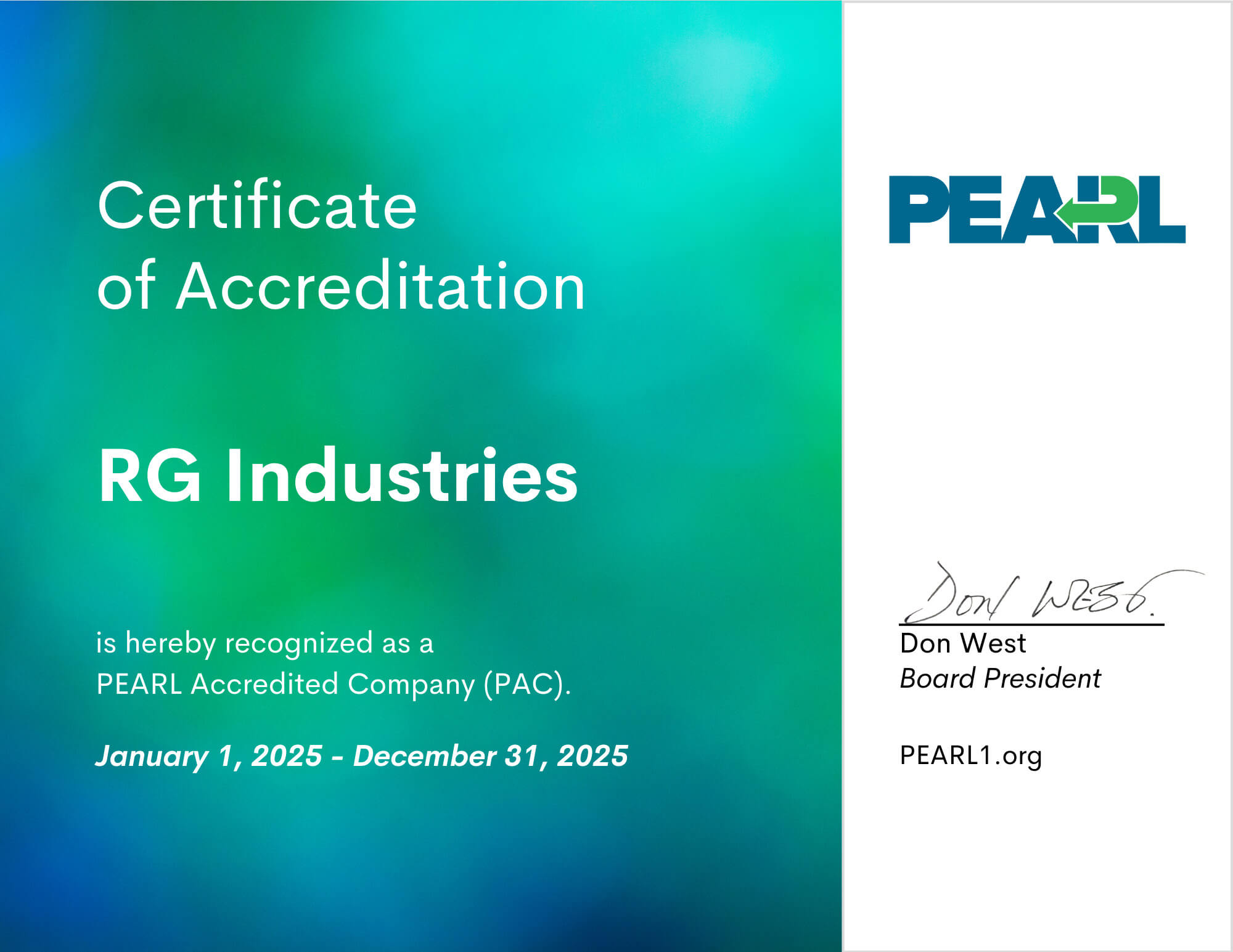 RG Industries Certificate of Accreditation