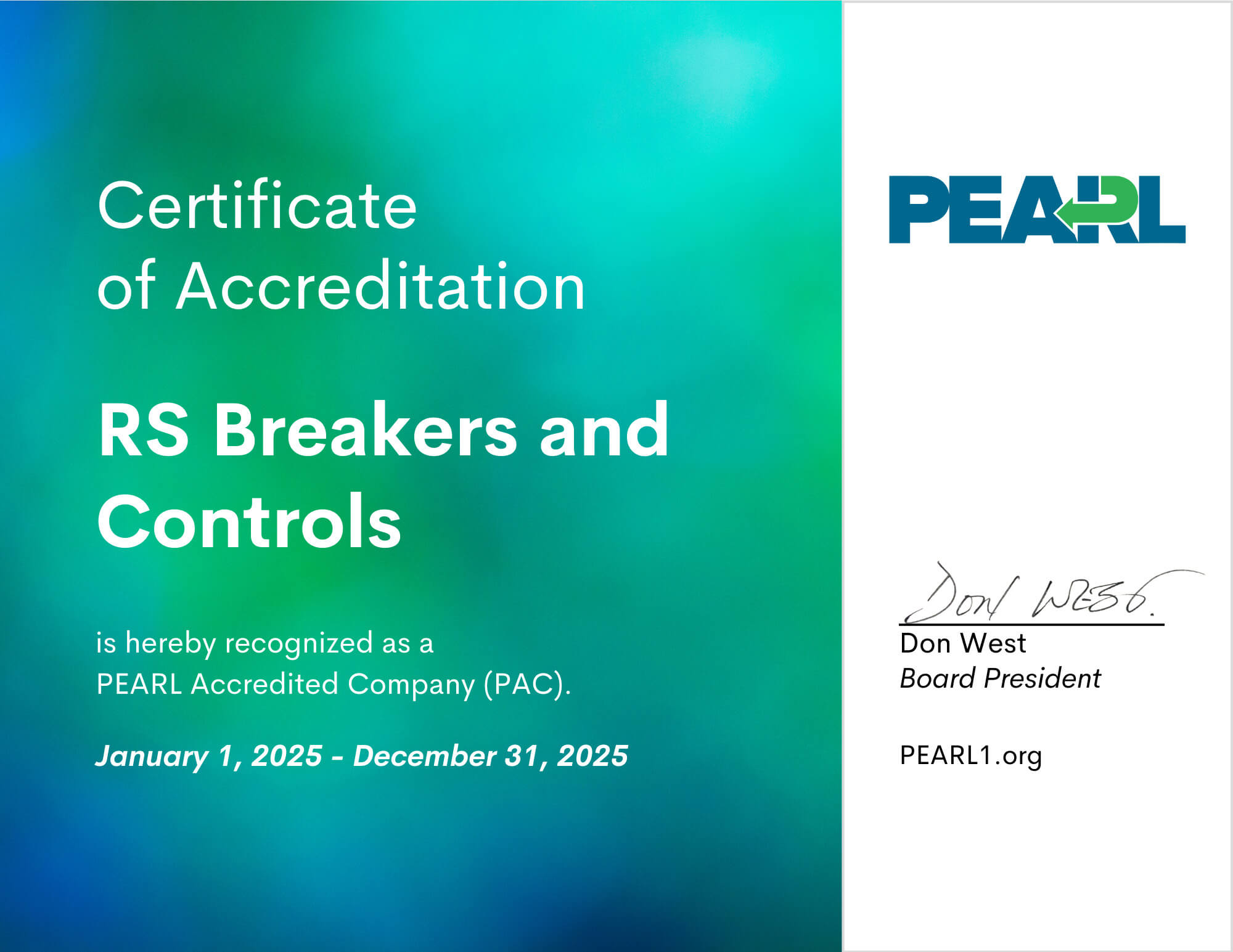 RS Breakers and Controls Certificate of Accreditation