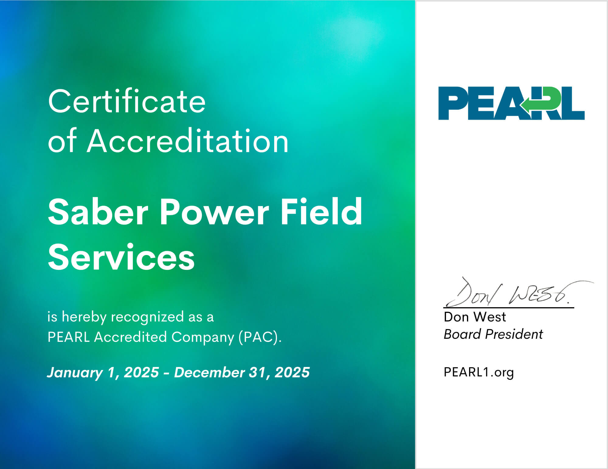 Saber Power Field Services Certificate of Accreditation