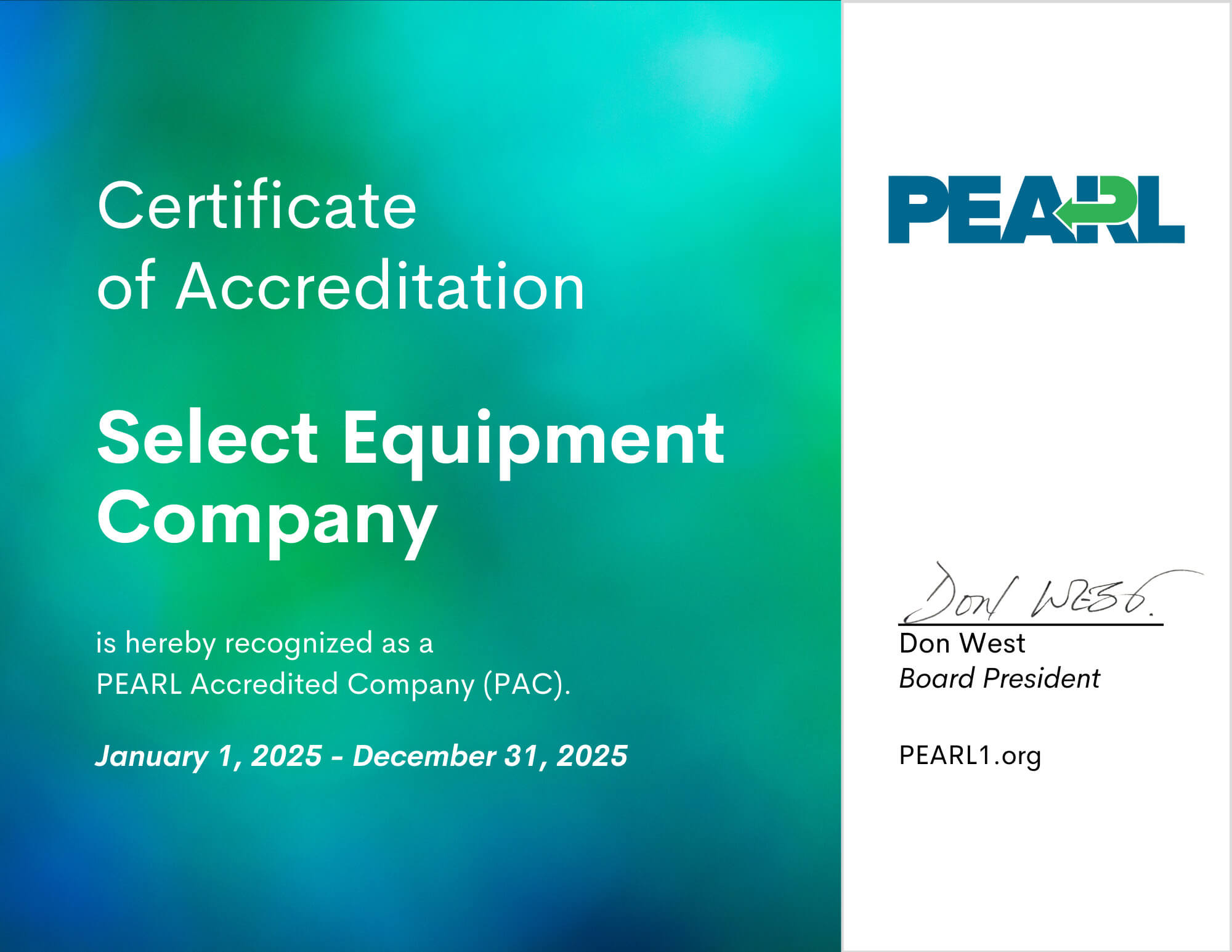 Select Equipment Company Certificate of Accreditation