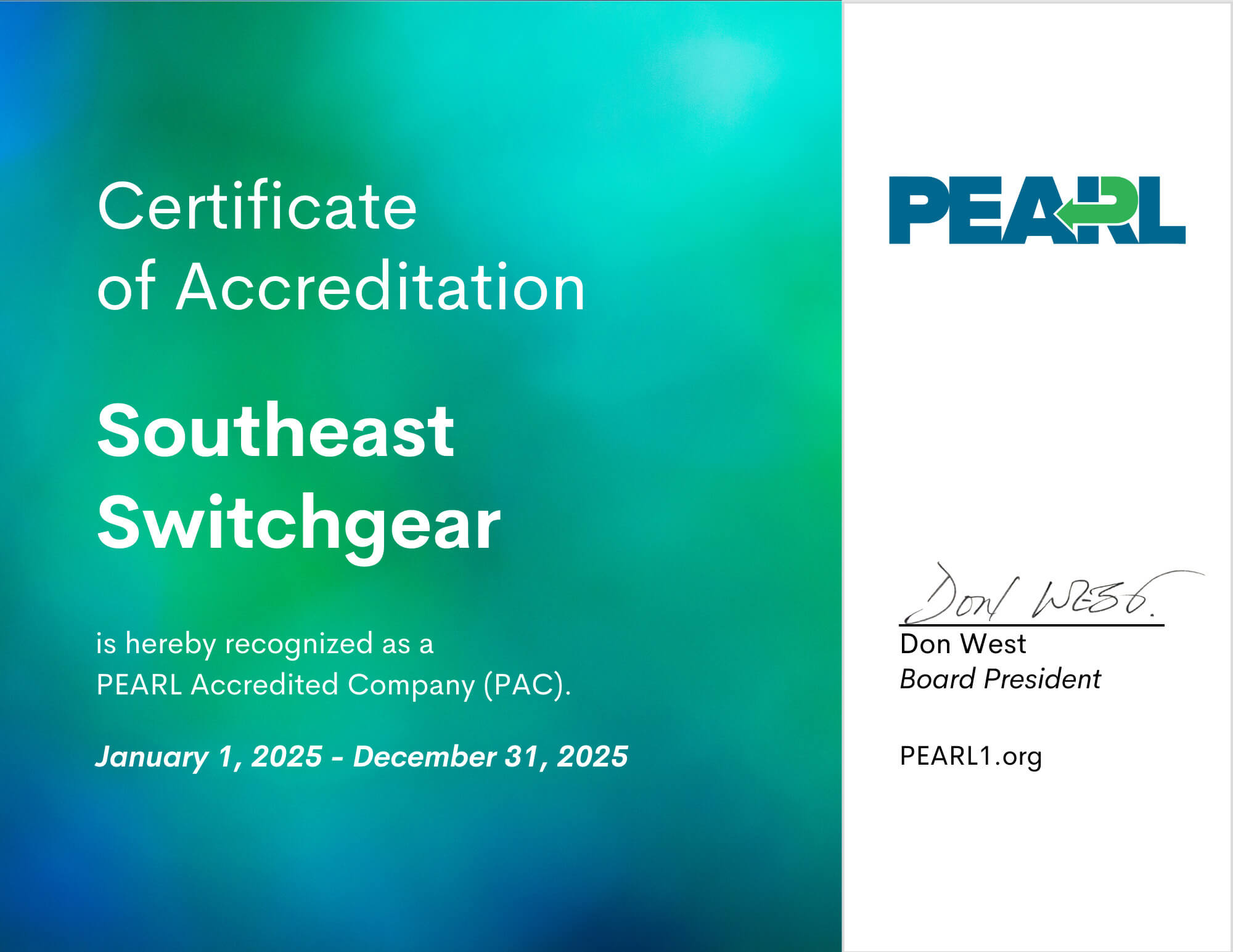 Southeast Switchgear Certificate of Accreditation