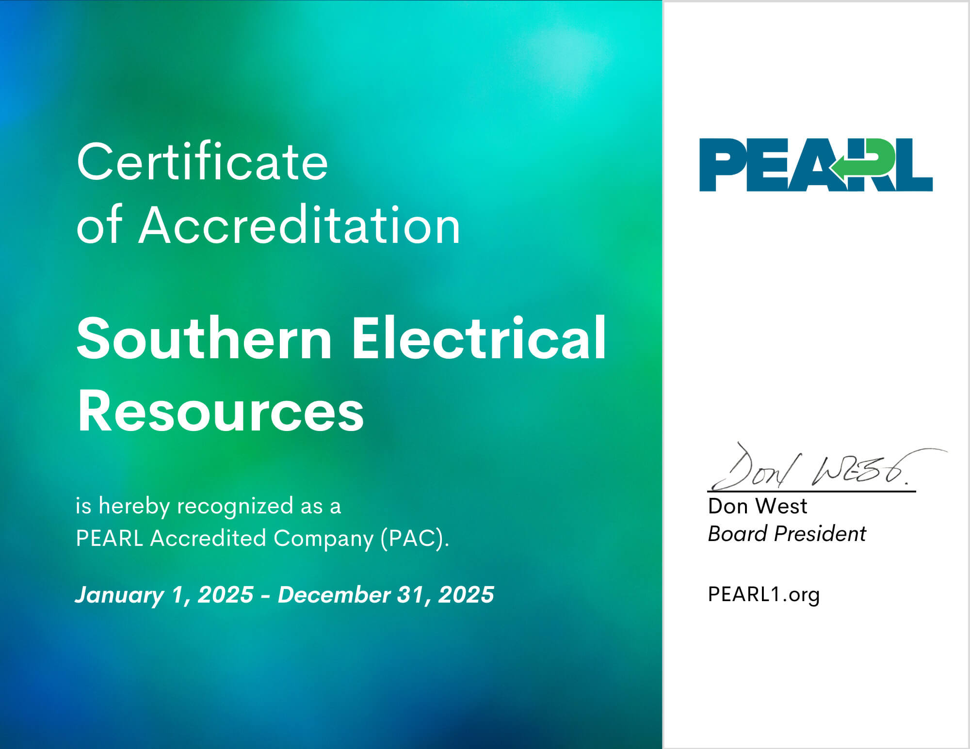 Southern Electrical Resources Certificate of Accreditation