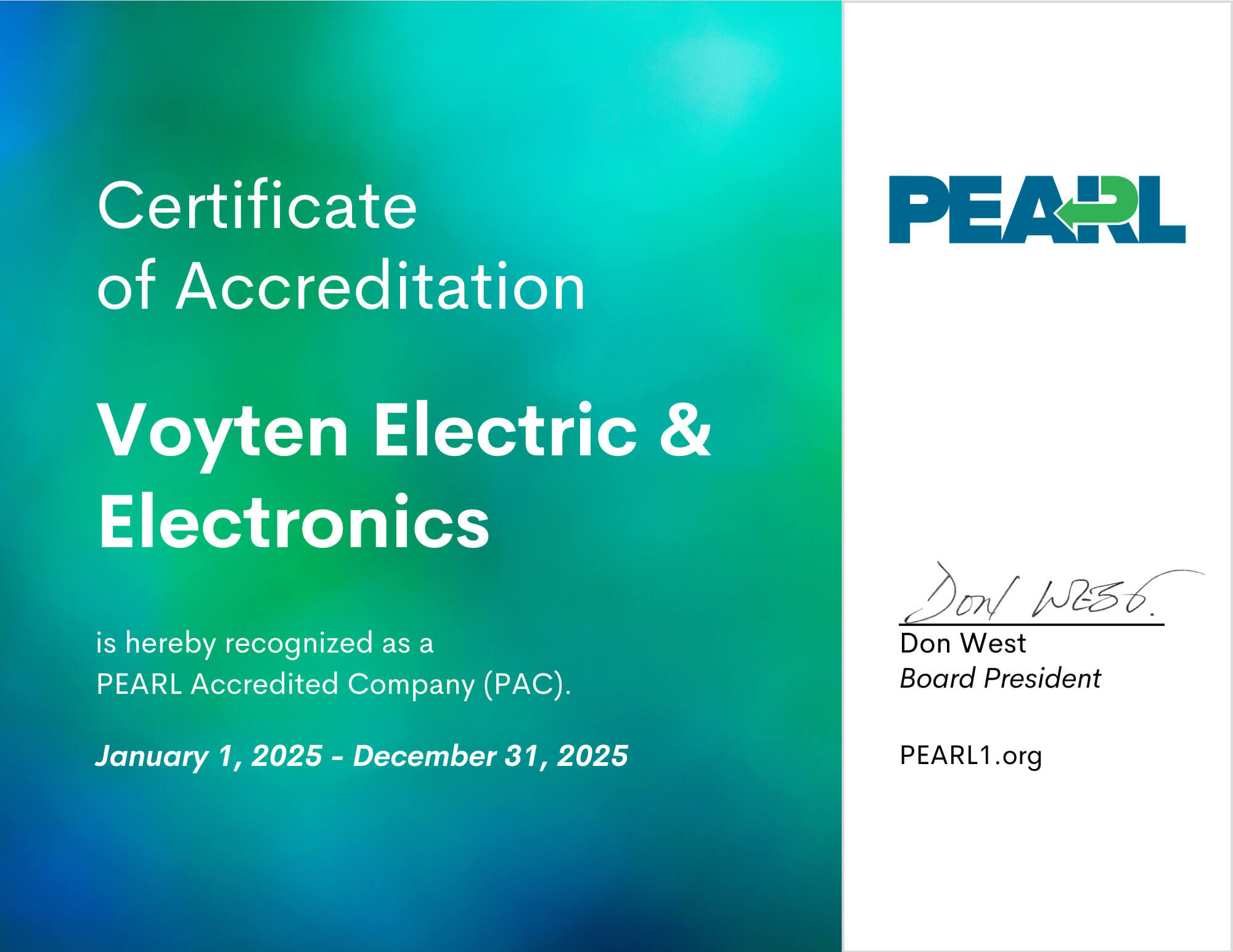 Voyten Electric &amp; Electronics Certificate of Accreditation