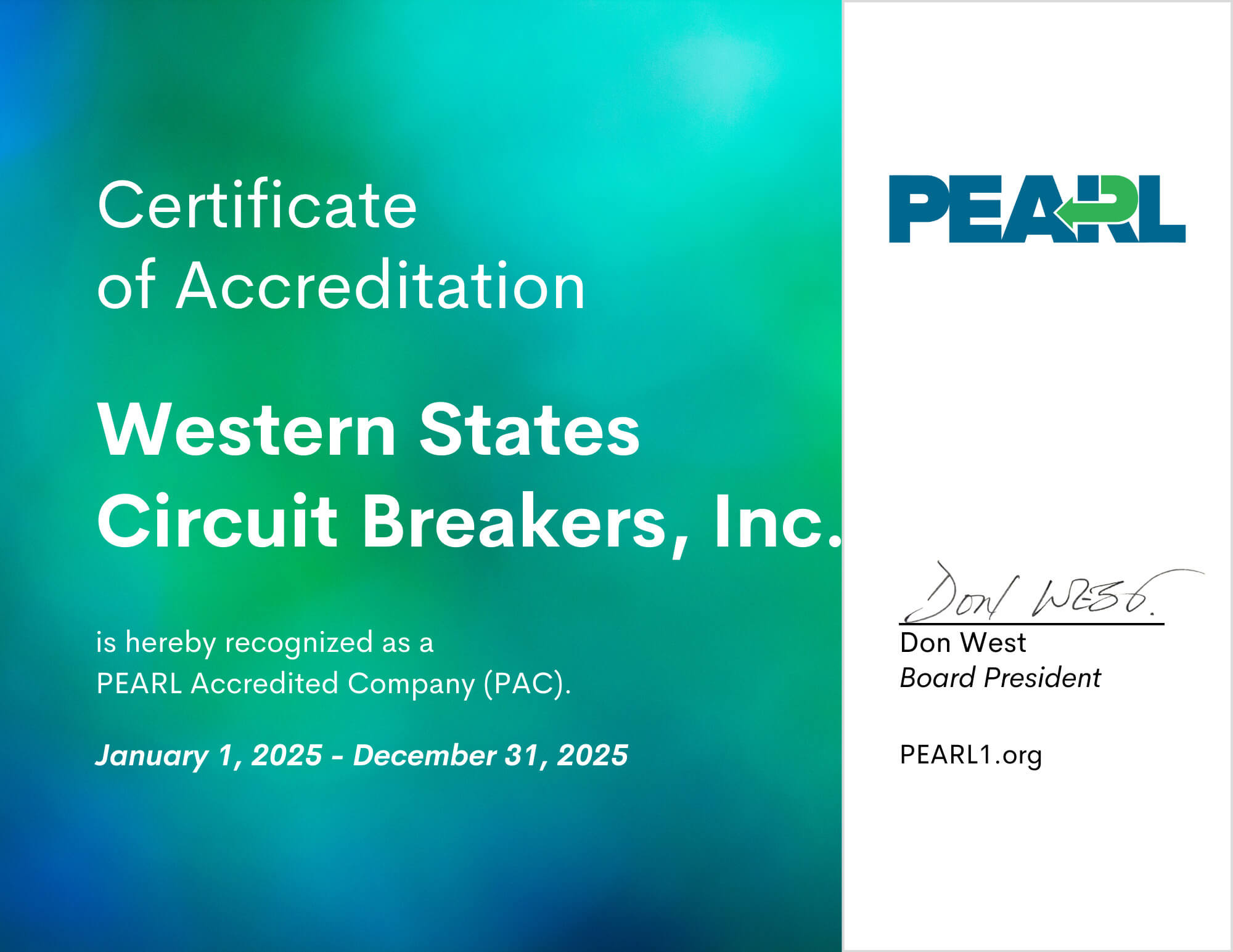 Western States Circuit Breakers, Inc. Certificate of Accreditation