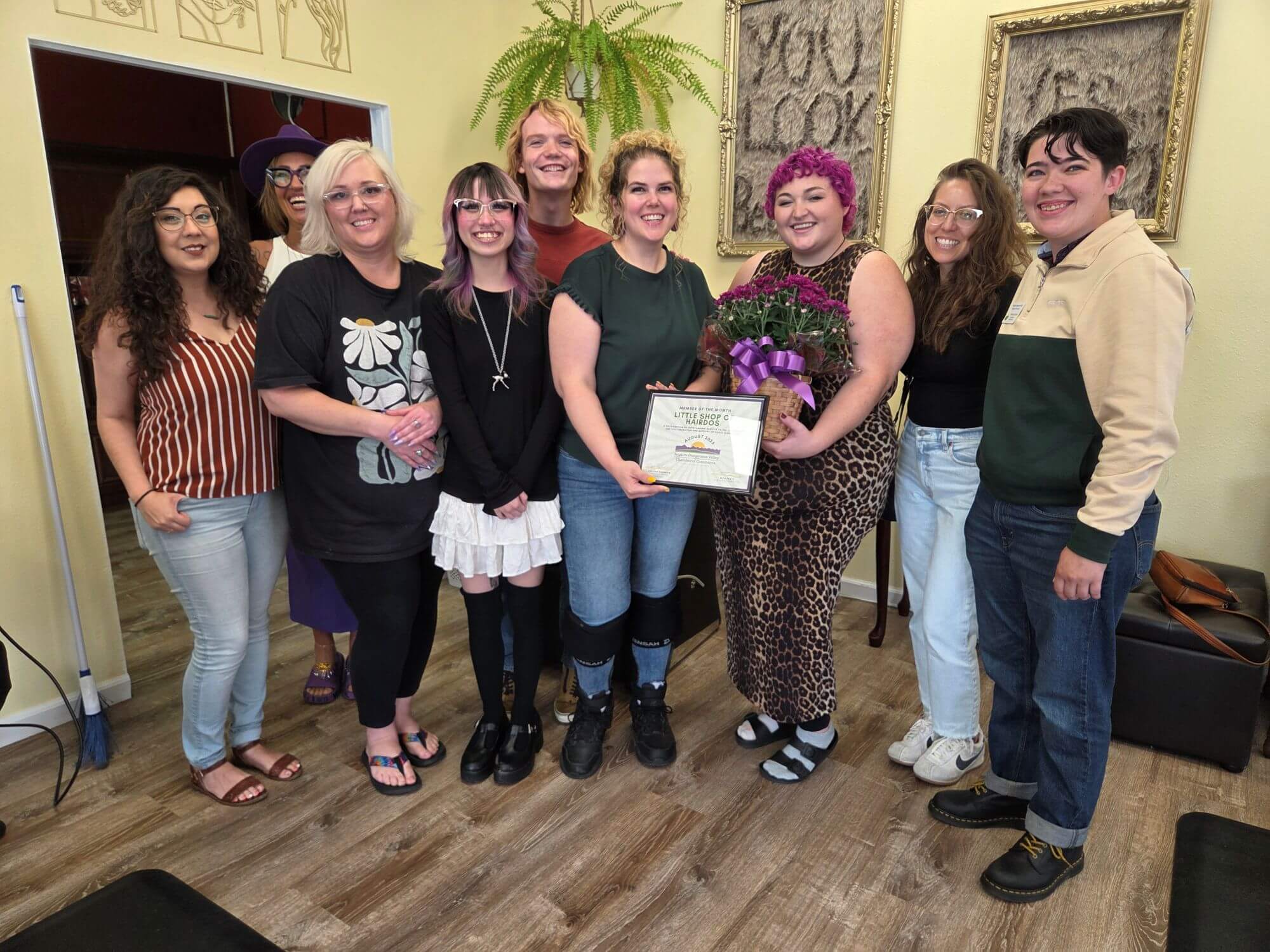 Member of the Month for August, staff of Little Shop of Hairdos and Chamber staff and Board Members