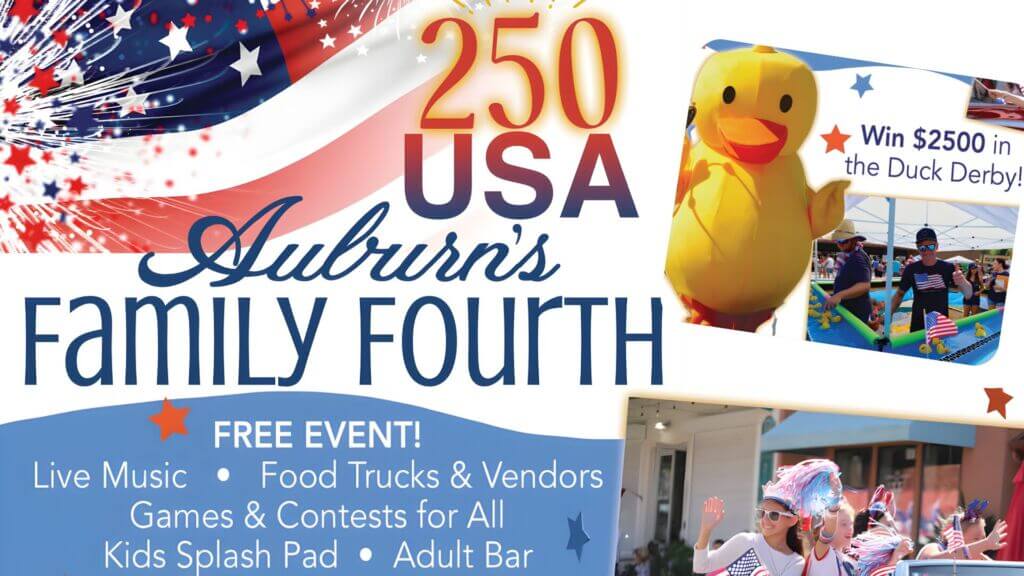 Promotional graphic for the 2026 Auburn Fourth of July Parade and Duck Derby 25th Anniversary.