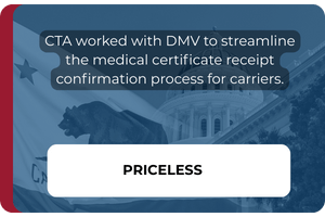 CTA worked with DMV to streamline the medical certificate receipt confirmation process for carriers. Priceless