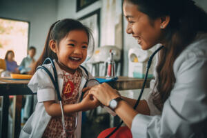 A child looks happy to meet a caregiver, generative ai, Healthy concept.