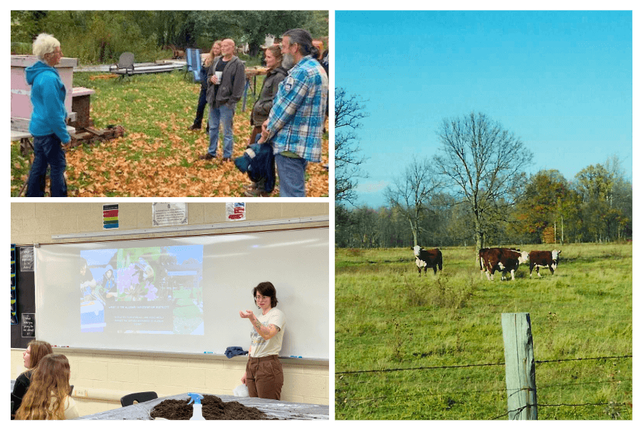 A composite graphic showing various community outreach activities by Michigan Conservation Districts, including educational presentations and field demonstrations.