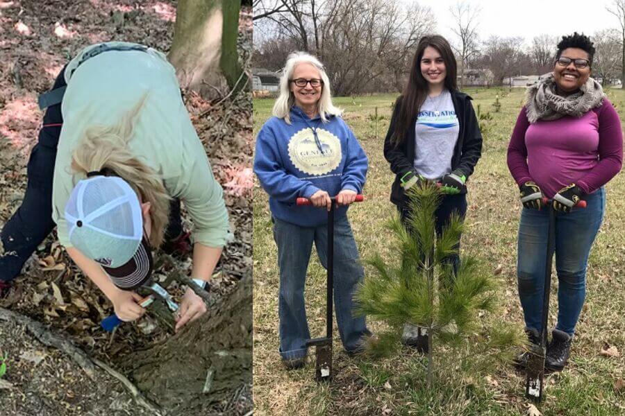 Genesee CD members holding tree seedlings alongside photo of conservationist test tree health.