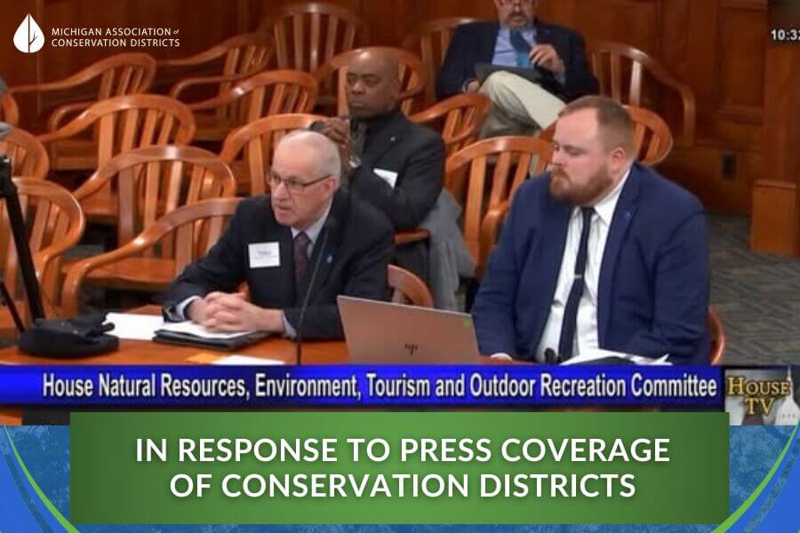 Press release graphic titled "In Response to Press Coverage of Conservation Districts" featuring the MACD logo and a professional headshot of Rivka Hodgkinson.