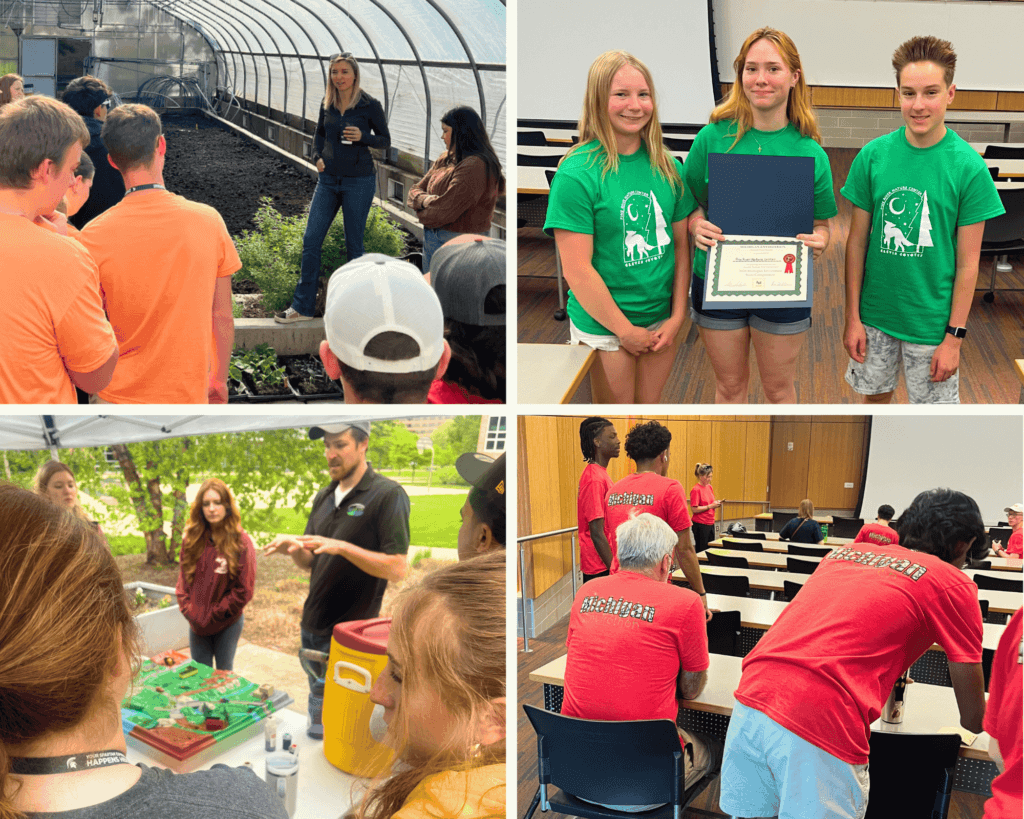 A collage of Michigan Envirothon activities including greenhouse tours, award ceremonies, and outdoor field training for high school students.