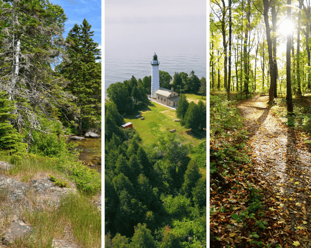 A three-panel landscape collage of Michigan nature: a rocky shoreline, Cana Island Lighthouse, and a sunlit forest trail.