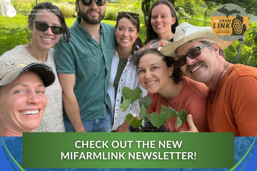 MIFarmLink Newsletter announcement graphic featuring a collage of Michigan farmers and farmland with the MACD logo.