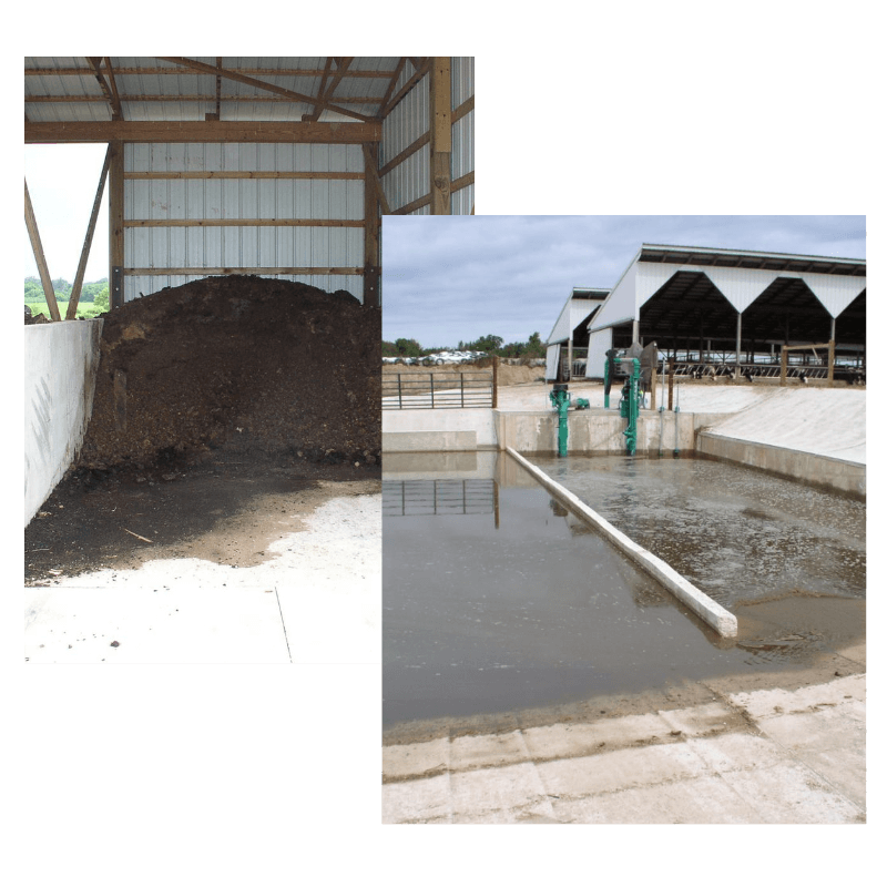 Two split photos demonstrating agricultural conservation practices: a concrete manure storage bay on the left and a large agricultural waste water containment pit on the right.
