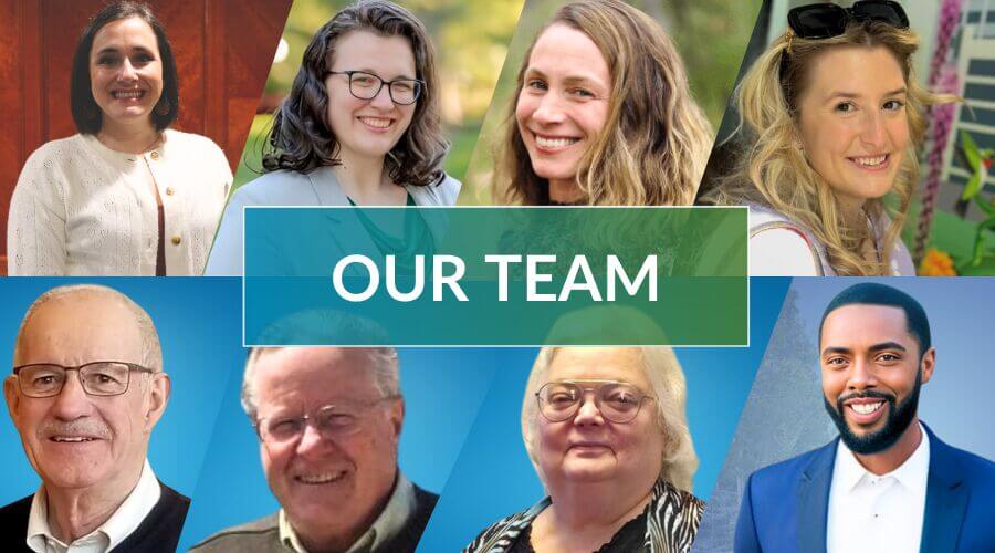 Navigation header: "OUR TEAM" text centered in a green and blue box, surrounded by a collage of eight diverse MACD staff and board members. The collage highlights the human leadership of Michigan's conservation districts, including Executive Director Rivka Hodgkinson and President Jerry Miller.