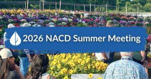 A group of people outdoors standing and walking near bright yellow and purple flowers at a nursery or garden center, overlaid with a blue paint-stroke banner containing the white Michigan Association of Conservation Districts leaf icon and the text "2026 NACD Summer Meeting".