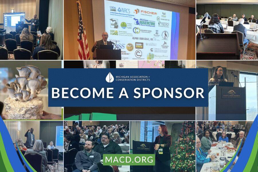 Become a Sponsor promo graphic for MACD with a scenic photo of Sleeping Bear Dunes in Michigan.