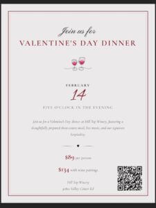 Hilltop Winery Valentines Day Dinner 2026