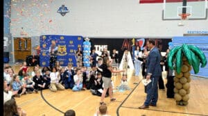 Students celebrating during the winner announcement at the Haven Schools Amazing Shake competition