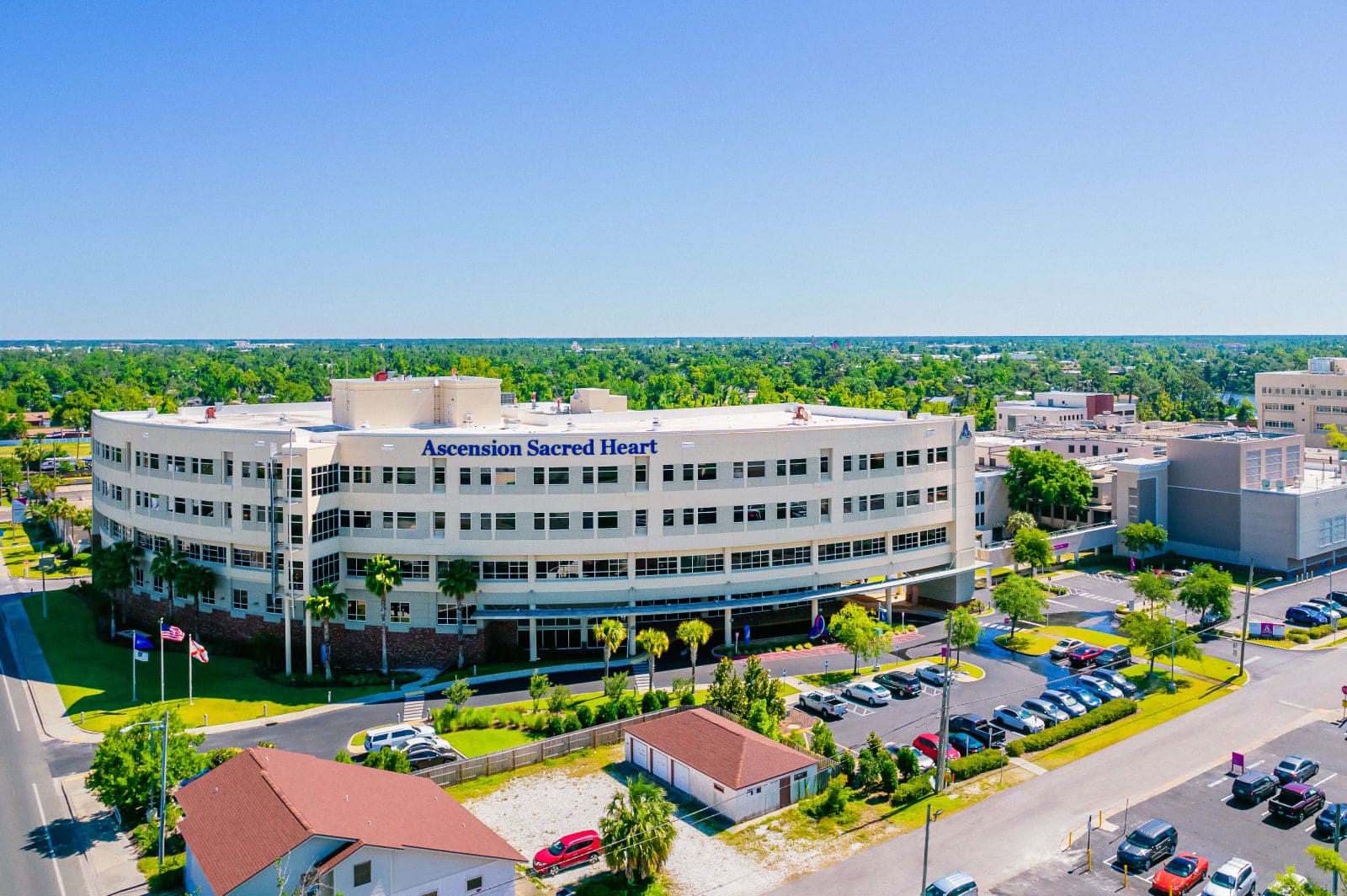 Aerial view of Ascension Sacred Heart Bay hospital in Panama City, Florida